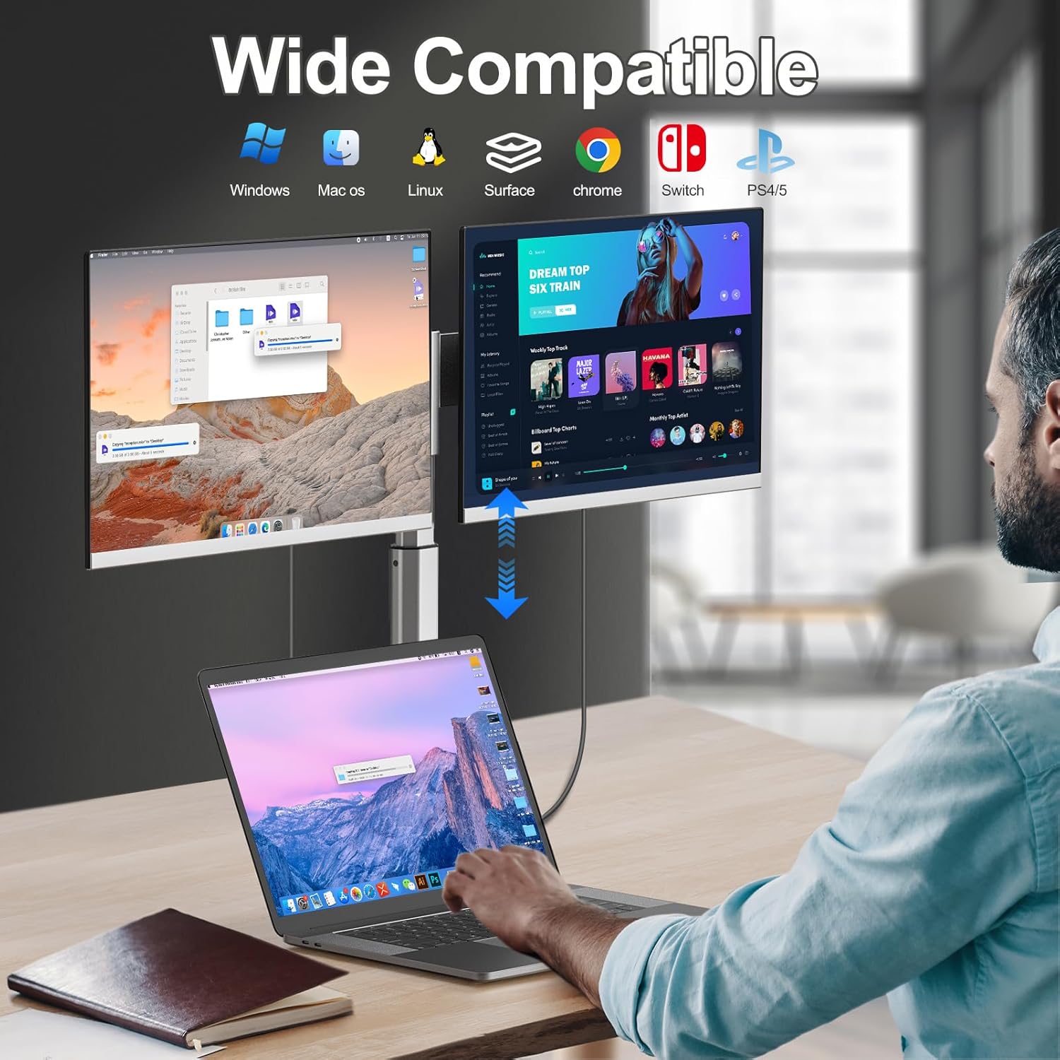 Cevaton Z2 Screen Extender for Laptop | 15.6” FHD Triple Monitor, 360° Rotation & Portable Design - Cevaton