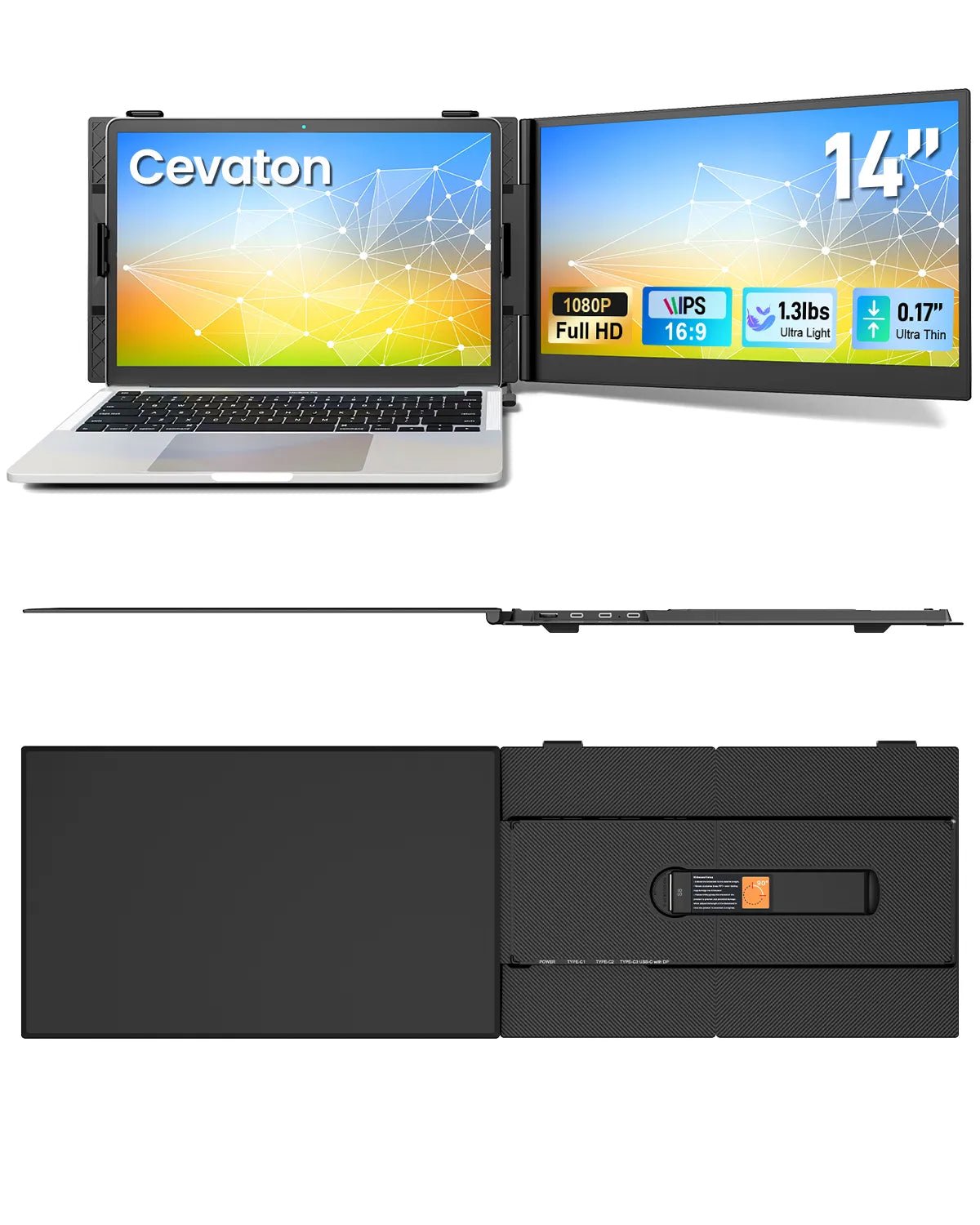 Cevaton S8 Portable Dual Monitor | 14" Dual Screen Laptop Extender, Plug & Play - Cevaton