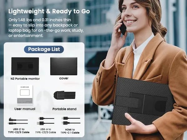 Cevaton N3 Lightweight Portable Monitor – 16" USB - C Display for Travel & Work - Cevaton